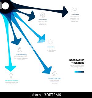 An abstract business infographic featuring dynamic blue arrows spreading from a center. This infographic design uses blue arrows to represent growth a Stock Vector