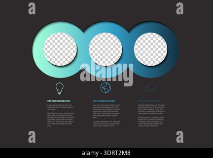 Graphic template with three step options containing photo placeholders and text boxes. Use this three step layout for professional business infographi Stock Vector