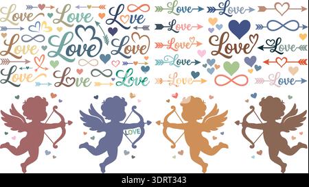 Love Lettering and Cupid Silhouette Valentine Vector Collection Stock Vector