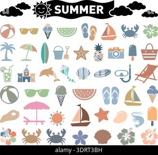 Summer Vacation Beach Icons and Seasonal Elements Vector Collection Stock Vector