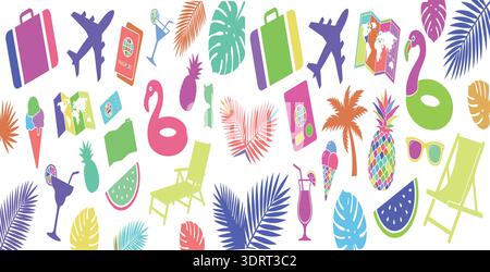 Colorful Summer Travel and Tropical Vacation Icons Vector Collection Stock Vector
