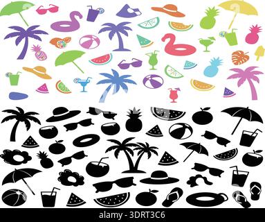 Summer Beach Party Elements Colorful and Black Silhouette Icons Vector Set Stock Vector