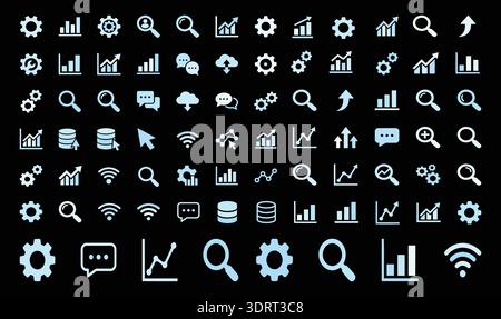 Business Analytics and Data Management Icons Set on Dark Background Vector Collection Stock Vector