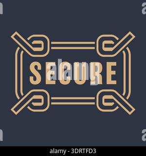 Dark emblem with secure text surrounded by linked corner connectors in a geometric frame Stock Vector