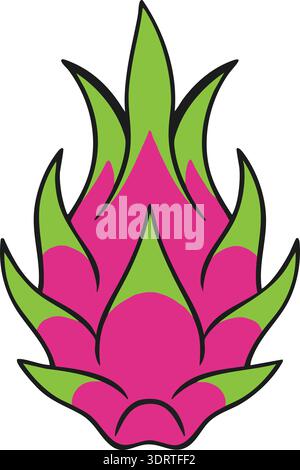 Illustration of a dragon fruit with green tips and bright pink skin in a flat style Stock Vector
