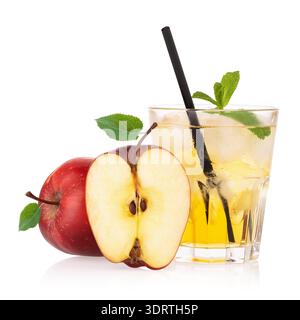 Apple juice with ice in a glass and red apples, isolated on a white background. Genuine photo, not generated by AI Stock Photo