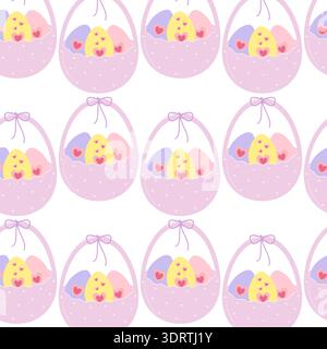 Bucket with Easter Eggs inside and Tied ribbon bow on handle Minimalist flat design in trendy pallet. Isolated Vector illustration Easter Holiday Thematic Card Party Invite Banner, leaflet, media post Stock Vector