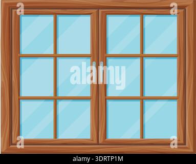 Wooden double-panel window with blue glass design Stock Vector