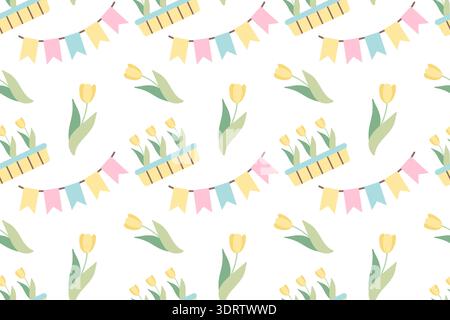 Seamless pattern with pink and yellow tulips and festive garlands. Spring and summer design with delicate flowers. Green botanical motif Stock Vector