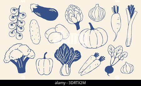 Hand drawn vegetable vector set in minimalist Mediterranean style. Organic food with eggplant, pumpkin, carrot, broccoli, perfect for packaging, menus Stock Vector
