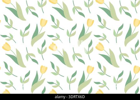 Seamless pattern with yellow tulips and green branches. Spring and summer design with delicate flowers. Green plant motif is suitable for decorating f Stock Vector
