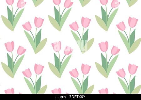 Seamless pattern with pink tulips. Spring and summer design with delicate flowers. Green plant motif is perfect for fabric, cards, and typography. Stock Vector