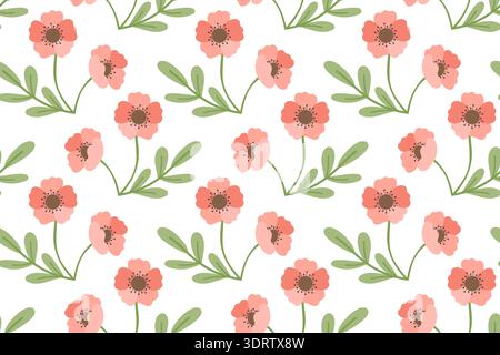 Seamless pattern with red flowers and green leaves. Spring and summer design with vibrant colors. Green botanical motif is perfect for fabric, cards, Stock Vector