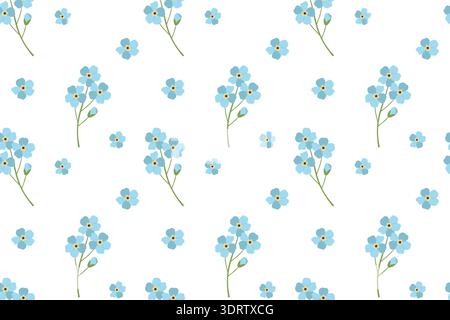 Seamless pattern with blue flowers. Spring and summer design featuring delicate forget-me-nots. Green plant motif is perfect for decorating fabric, ca Stock Vector