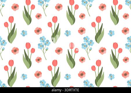 Seamless pattern with blue flowers and red tulips. Spring and summer design with delicate forget-me-nots. Green plant motif is suitable for fabric, gr Stock Vector