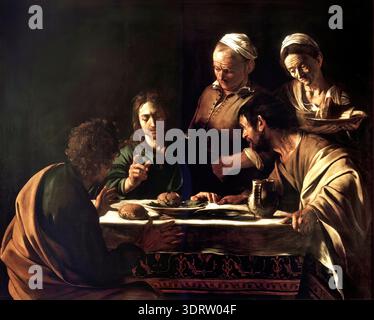 Michelangelo Merisi Caravaggio Supper at Emmaus (1606) oil painting, dramatic biblical scene with Christ and disciples at table. Stock Vector