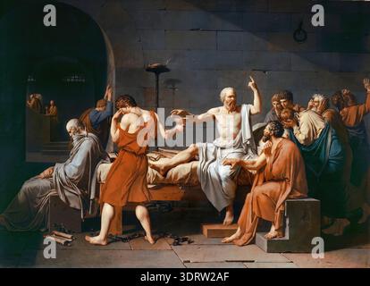Jacques-Louis David The Death of Socrates (1787) oil painting, dramatic neoclassical scene depicting Socrates surrounded by disciples. Stock Vector