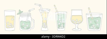 Fresh Summer Drink Set with Lemonade and Mint Cocktails in Various Glassware. Isolated Mason Jar, Highball, glassful and Drinking Glasses with Straw M Stock Vector