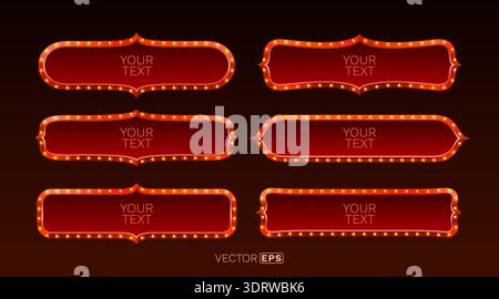 Retro Marquee Light Frames and Banners Collection. Six red glowing elements for festive and eye-catching text. Vector illustration. Stock Vector