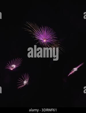 View of vibrant purple and gold fireworks exploding against the inky black canvas of the night sky, painting ephemeral bursts of light, Neuchâtel, Neu Stock Photo