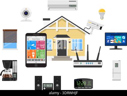 Smart House and internet of things concept. smartphone controls smart home like security cam, lighting, air conditioning and music center flat icons. Stock Vector