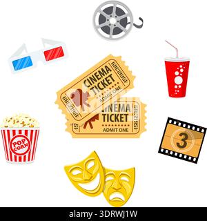 Cinema and Movie time concept with flat icons theater masks, popcorn, tickets, 3d glasses, film frame with countdown, isolated vector illustration Stock Vector