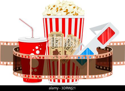 Cinema and Movie time Banner with flat icons transparent film, popcorn, drink in paper cup, 3d glasses and tickets. isolated vector illustration on tr Stock Vector