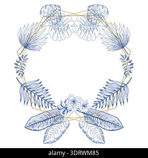Elegant blue frame of tropical leaves and polygons Stock Vector