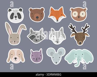 Set of cute cartoon hand drawn animals stickers Stock Vector