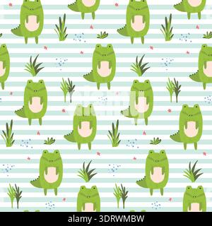 Cute cartoon striped pattern with crocodiles Stock Vector
