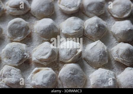 High resolution image of uncooked dumplings placed in a repeating pattern on a lightly floured surface, creating a natural food texture background Stock Photo