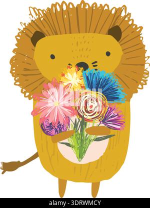 Cute childish hand drawn orange lion with bouquet Stock Vector