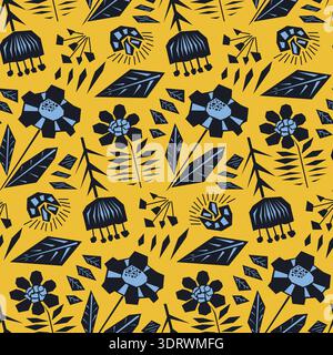 Contrast orange floral pattern with black flowers Stock Vector