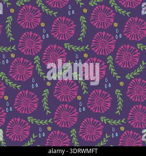 Dark floral pattern with pink flowers and herbs Stock Vector