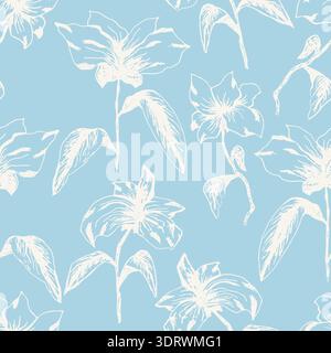 Tender blue pattern with white sketch flowers Stock Vector
