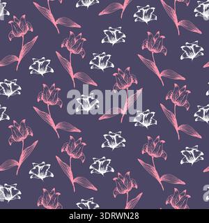 Dark elegant pattern with pink and white flowers Stock Vector