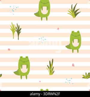 Cute cartoon orange striped pattern with crocodile Stock Vector