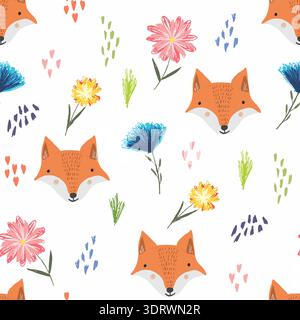 Cute cartoon pattern with foxes, dots and flowers Stock Vector