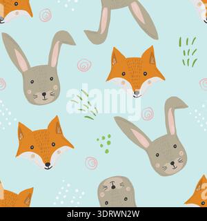Cute cartoon pattern with fox, hare and grass Stock Vector