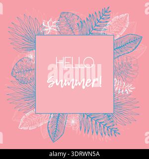 Lovely frame of blue tropical leaves on pink Stock Vector