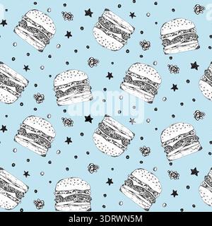 Cute pattern with white burgers on blue background Stock Vector