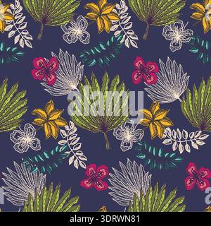 Contrast pattern with tropical leaves on dark blue Stock Vector