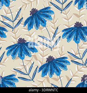 Delicate blue flowers on biege pattern Stock Vector
