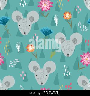 Cute teal pattern with mouse heads and flowers Stock Vector