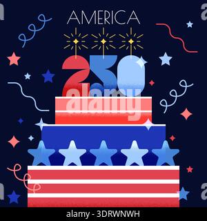 Three layers cake in USA flag colors on black background. America 250 years and July 4 celebration. Vector festive design element for Independence Day Stock Vector