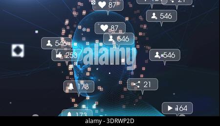 Floating blue wireframe head glowing and showing alert bubbles in virtual cyberspace with red nodes Stock Photo