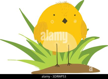 Cute cartoon yellow chicken in grass illustration Stock Vector