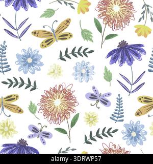 Cute tender pattern with flowers and butterflies Stock Vector