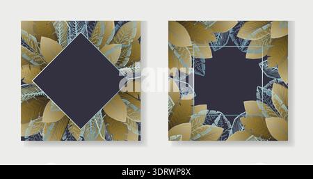 Set of square cards with golden tropical leaves Stock Vector