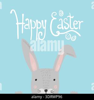Bright blue Happy Easter poster with cute rabbit Stock Vector